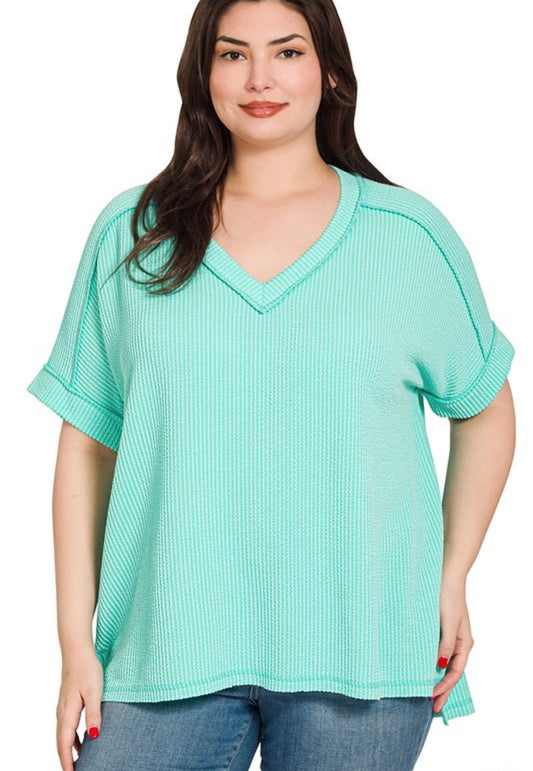 Zenana corded ribbed v neck top