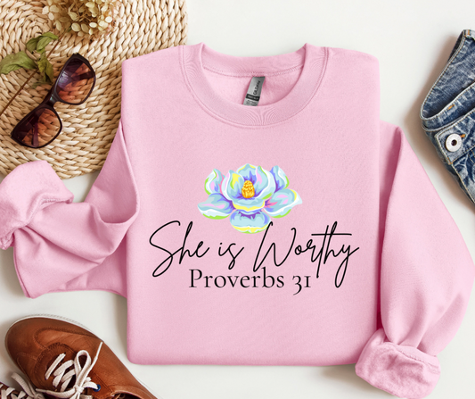 She is Worthy Sweatshirt (magnolia pink)