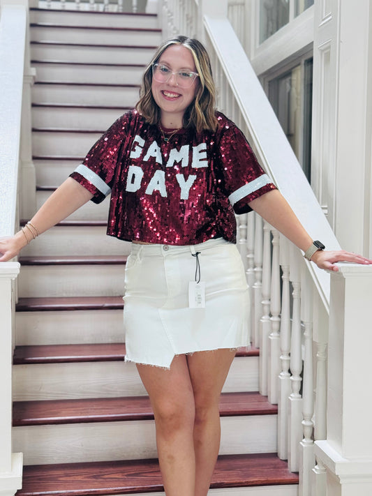 Game day maroon sequin top