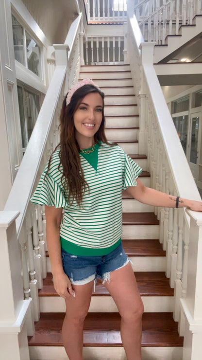 Green Striped flutter sleeve top