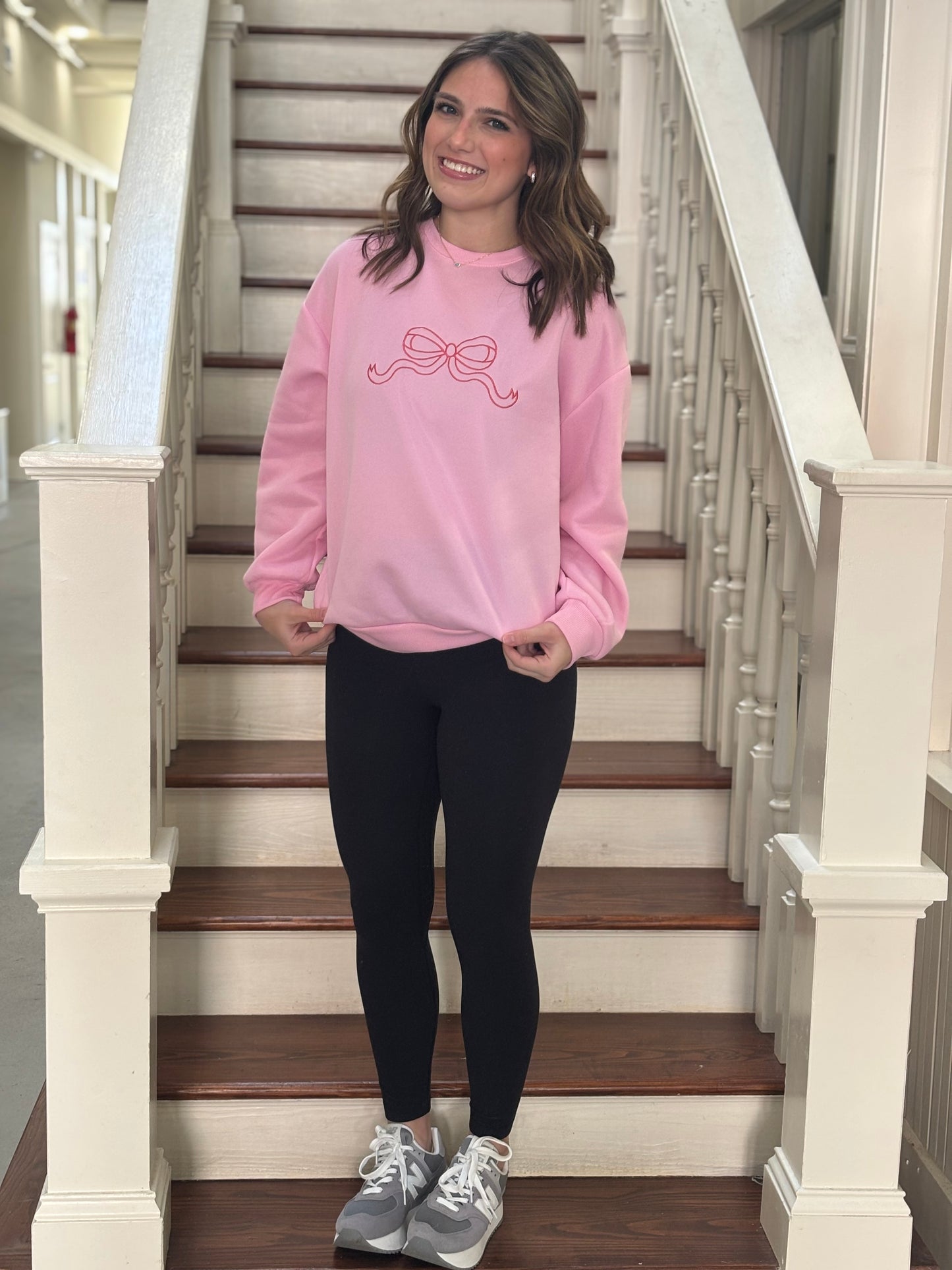 Pink Sweatshirt with Red Embroidered Bow