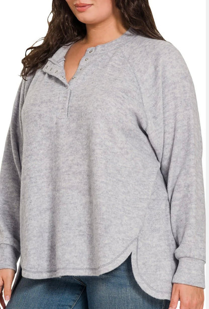 Zenana plus size heather gray Henley sweater