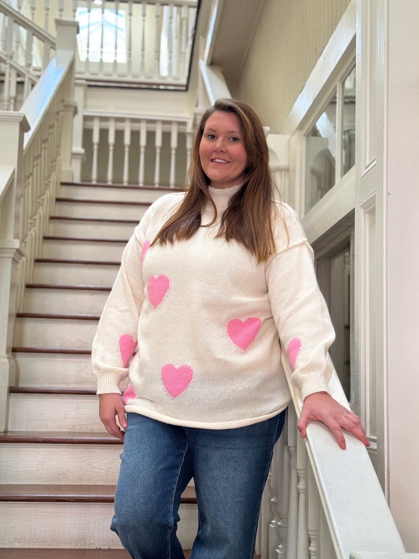 Cream sweater with pink hearts