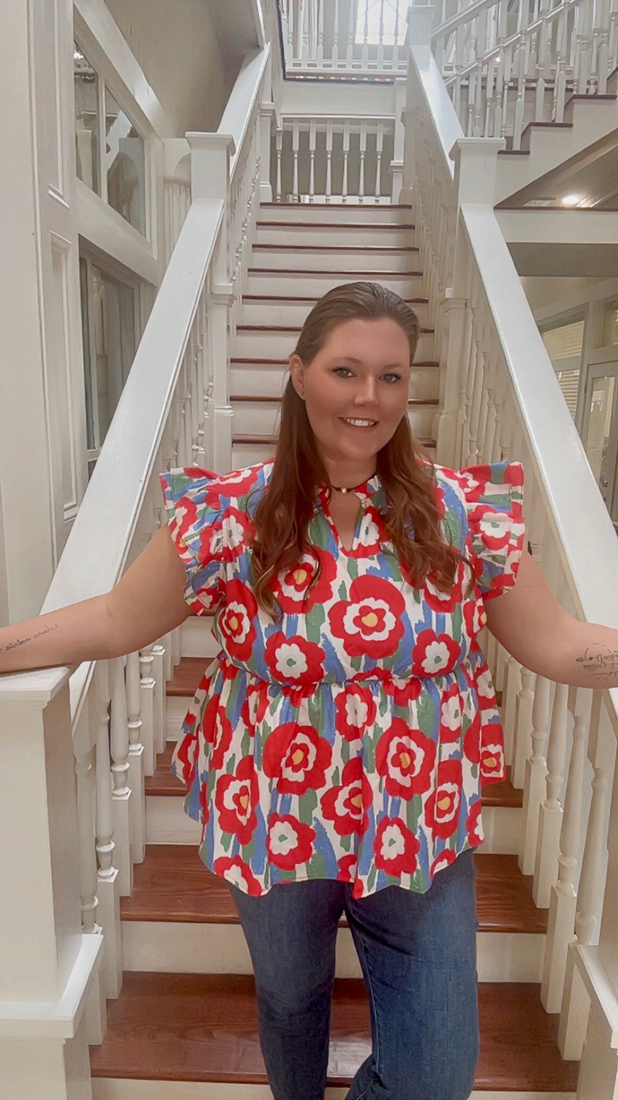 Red plus size floral print ruffle trim top