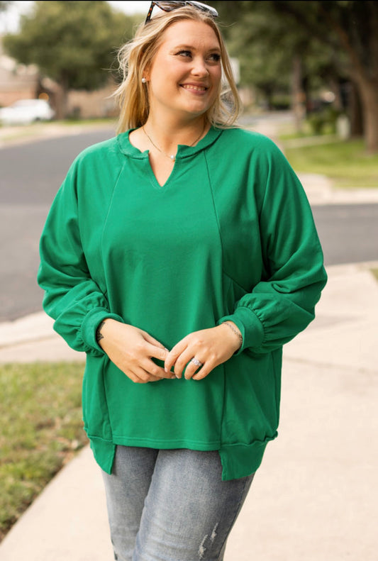 Bright green exposed seam notched neck sweatshirt Plus