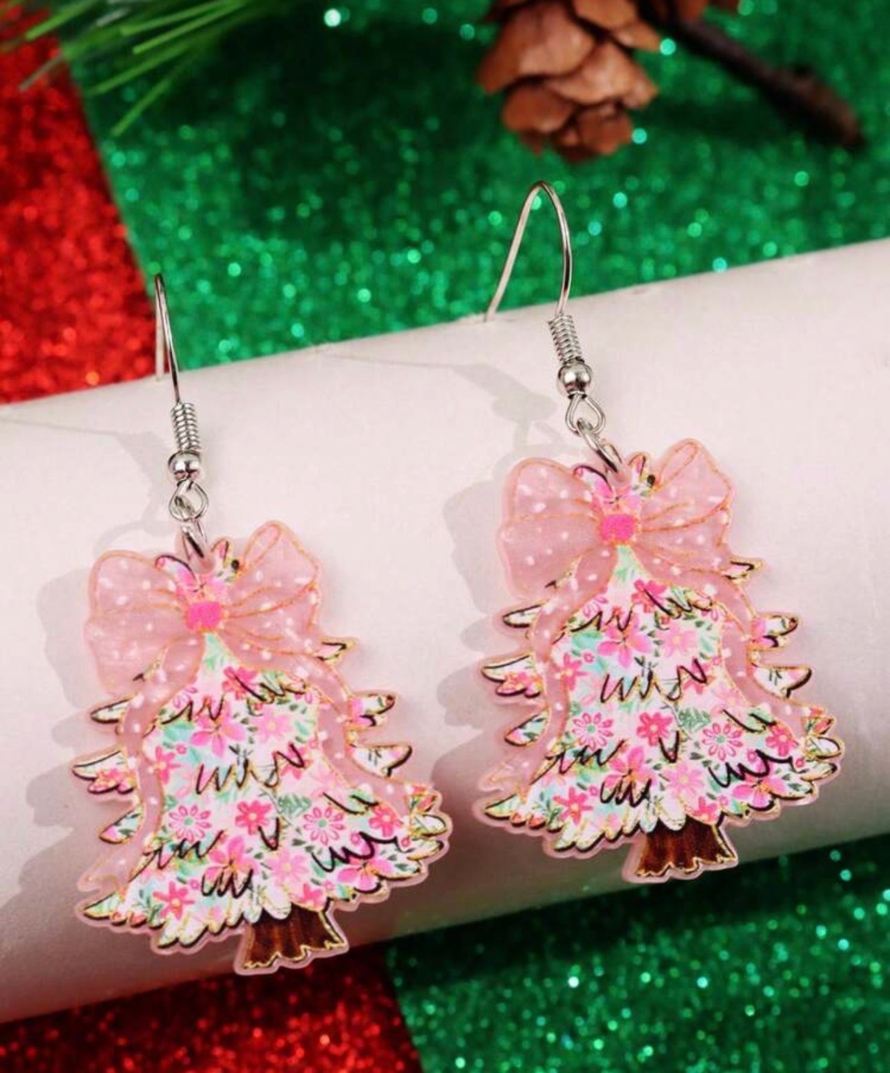 Pink Christmas Tree Earrings