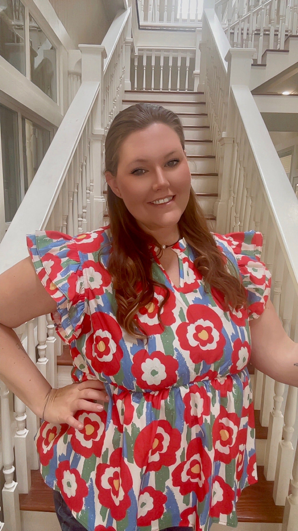 Red plus size floral print ruffle trim top