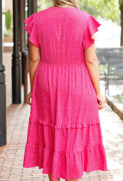Rose polka dot ruffles plus midi dress