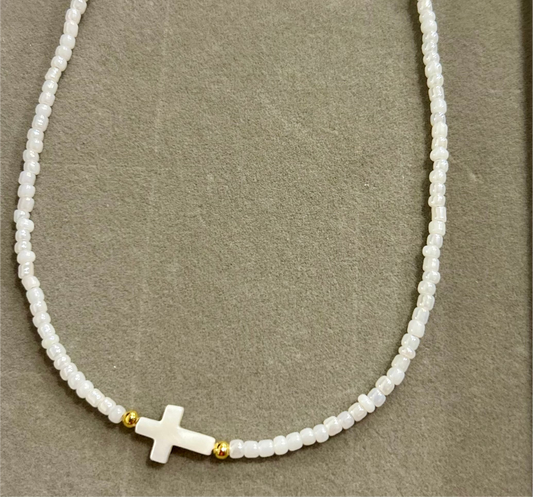 White Beaded necklace with cross