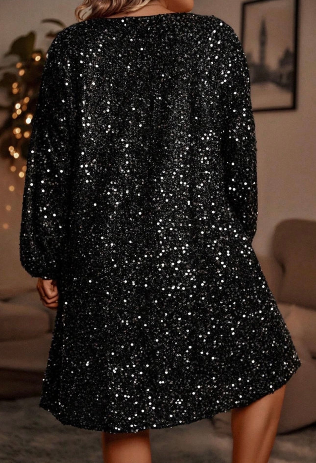 Black plus size bubble sleeve sequin dress