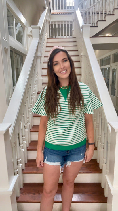 Green Striped flutter sleeve top