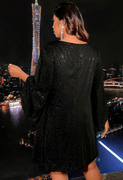 Black bell sleeve shiny plus size dress