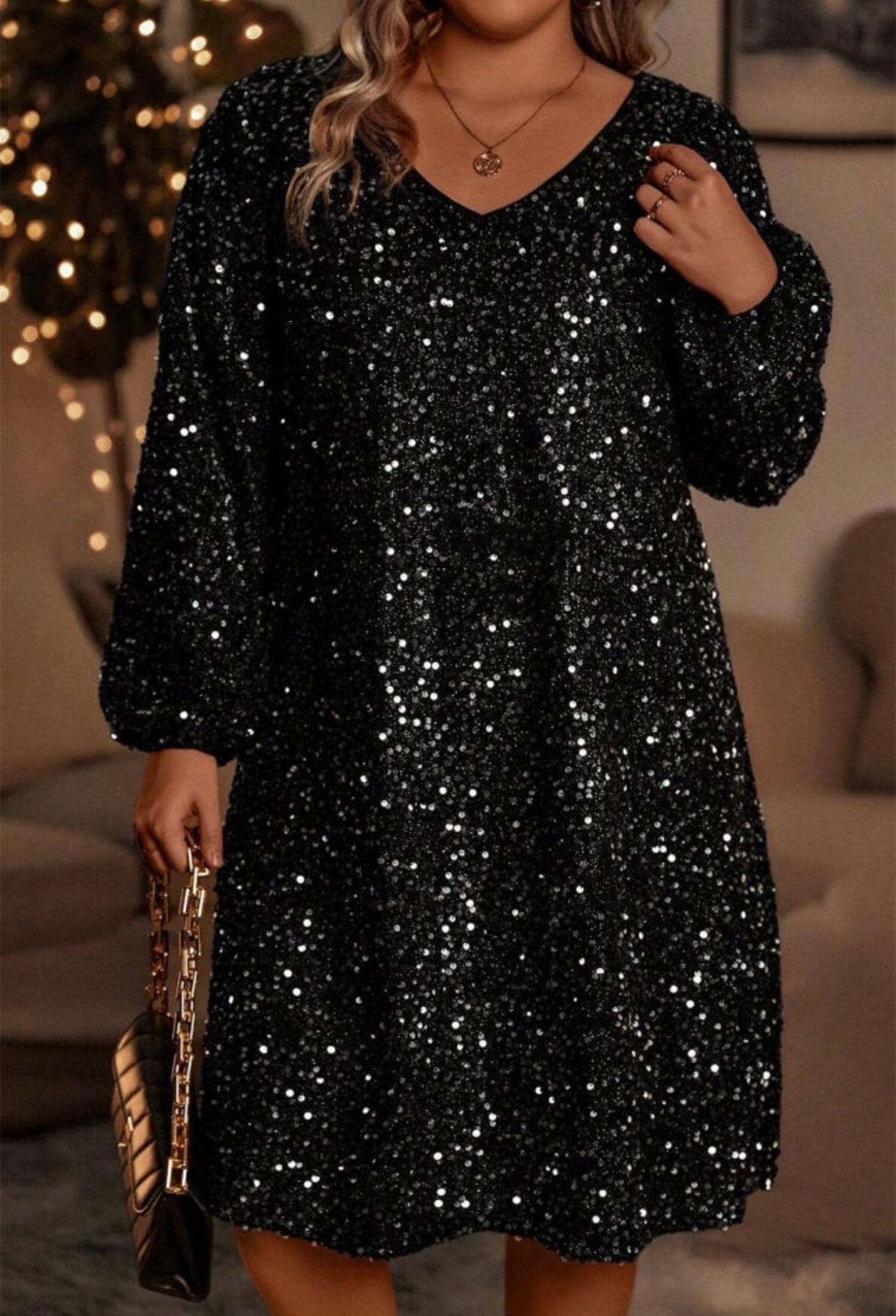 Black plus size bubble sleeve sequin dress