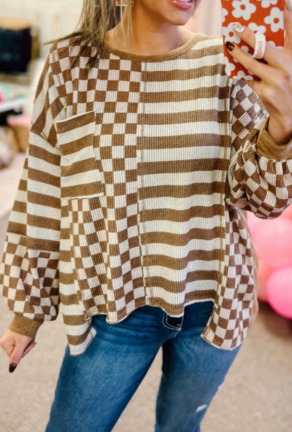 Khaki striped checkered mixed print shirt