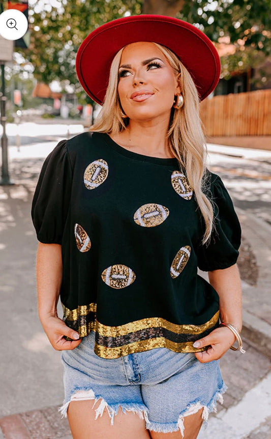 Ready to tailgate sequin black and gold top