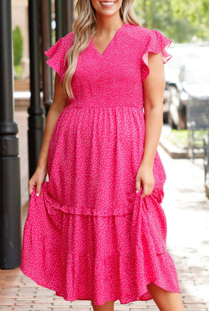 Rose polka dot ruffles plus midi dress