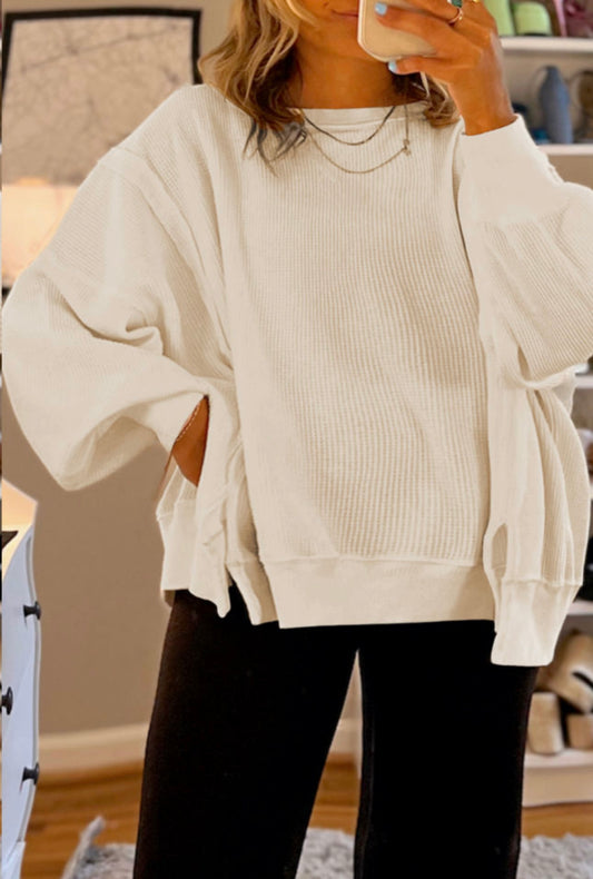 White solid color waffle plus size sweater