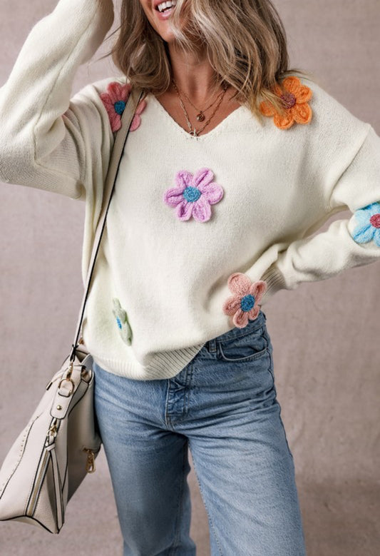 60s Vintage Flower Pattern Fuzzy V Neck Sweater