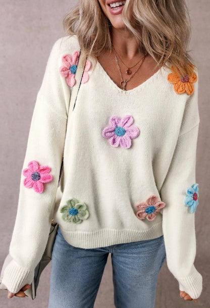 60s Vintage Flower Pattern Fuzzy V Neck Sweater