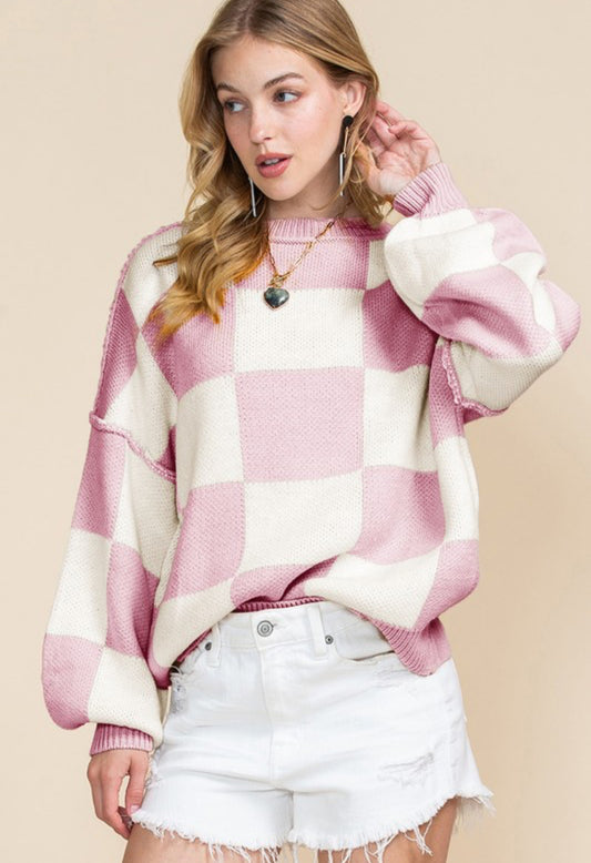 Plaid Exposed Seam Bishop Sleeve Sweater (Pink)