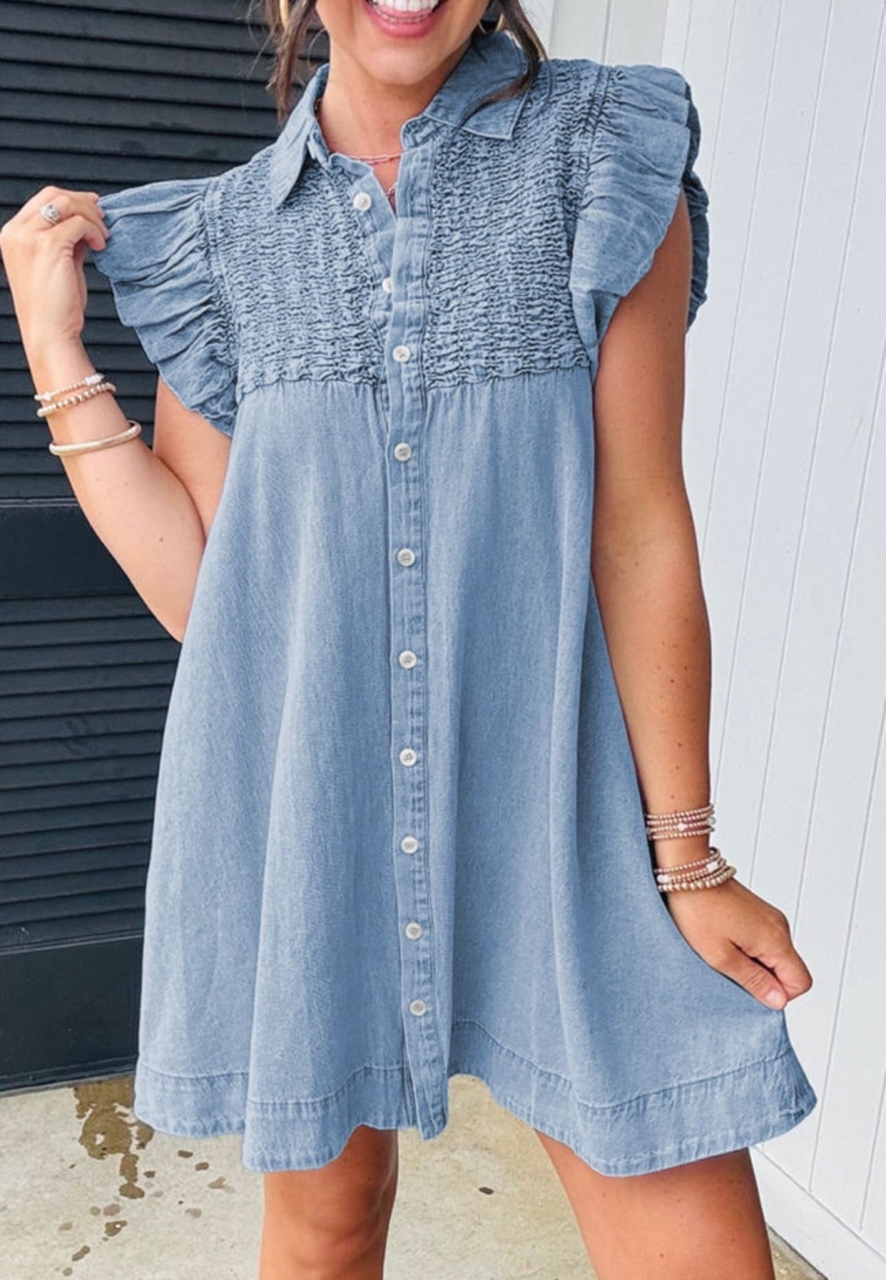 Denim flutter sleeve button up dress