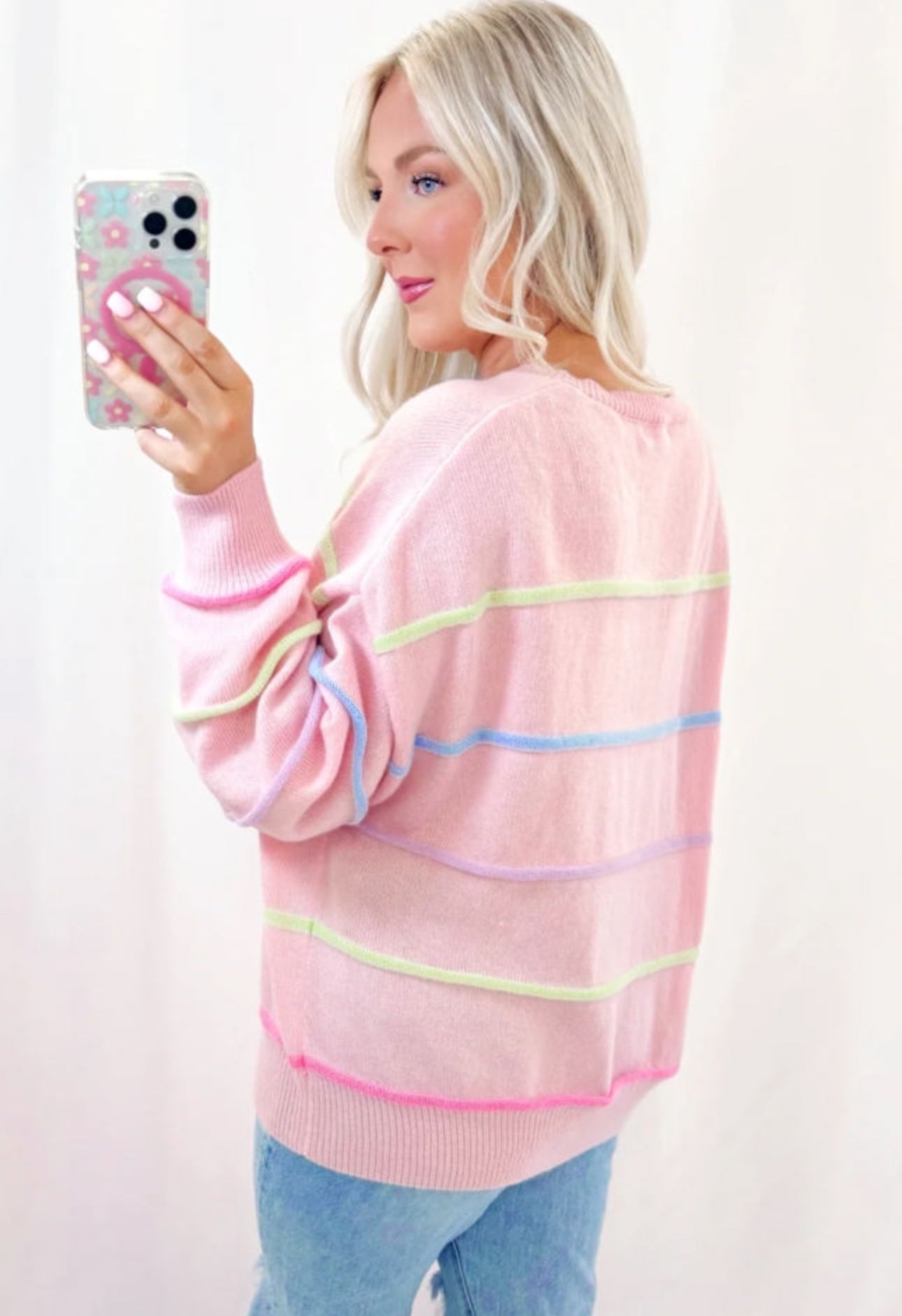 Pink Striped Drop Sleeve Henley Sweater