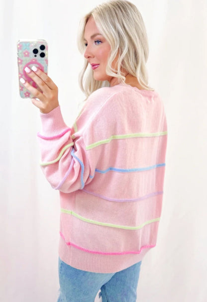 Pink Striped Drop Sleeve Henley Sweater