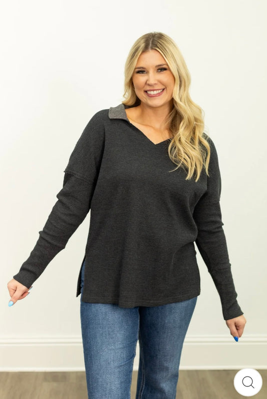Waffle knit Split size top (Black)