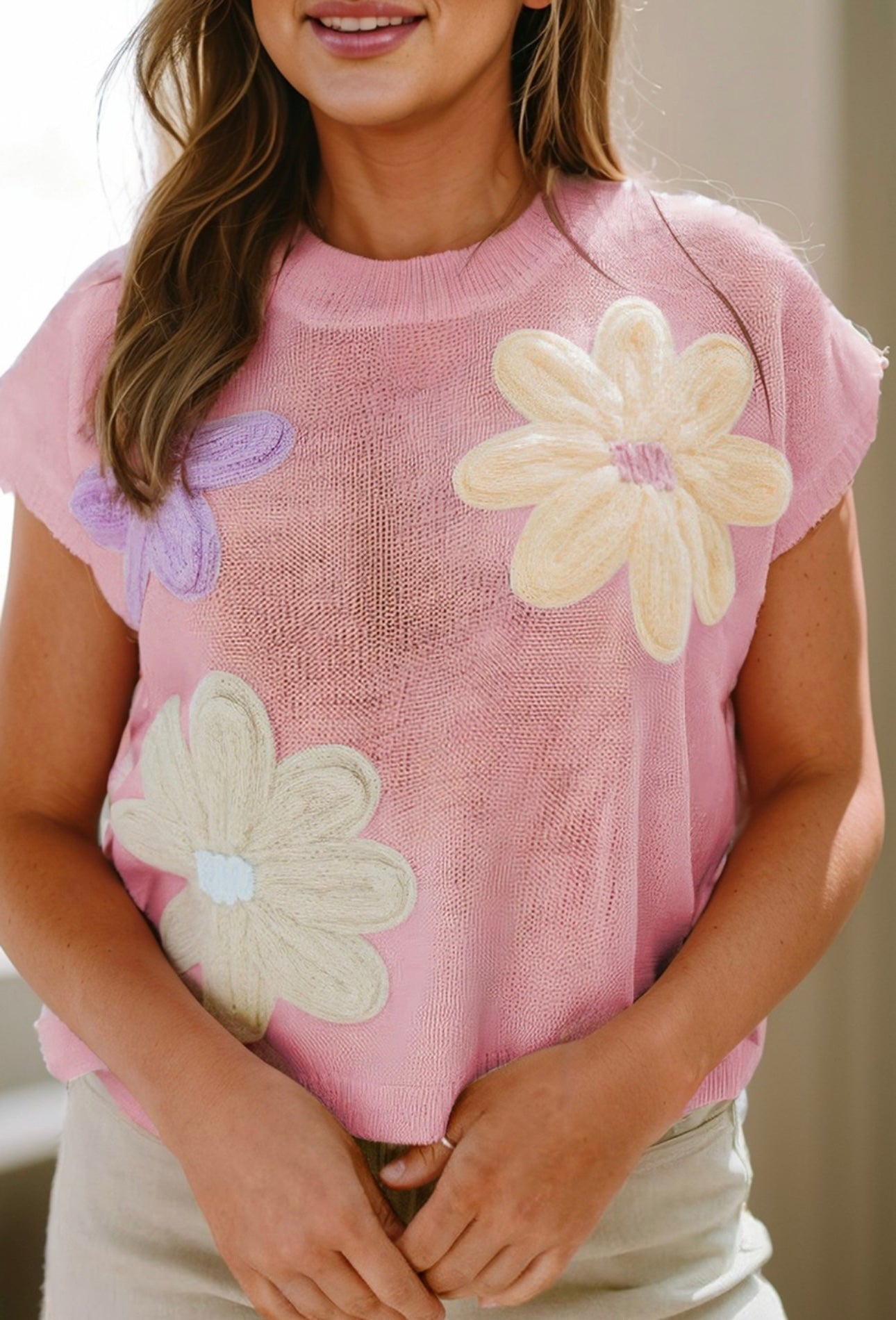 Pink Flower Short Sleeve sweater