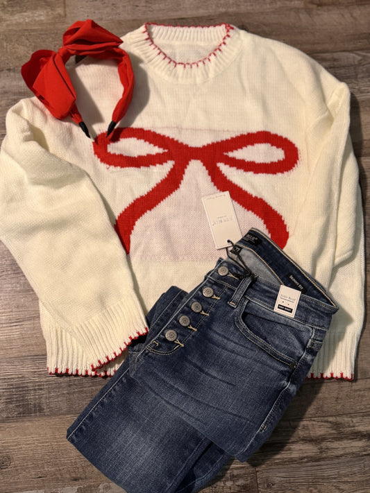 Cream Sweater with Red Bow