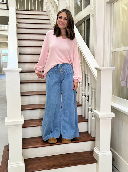 Beau Blue Mineral Wash Button Wide Leg Jeans