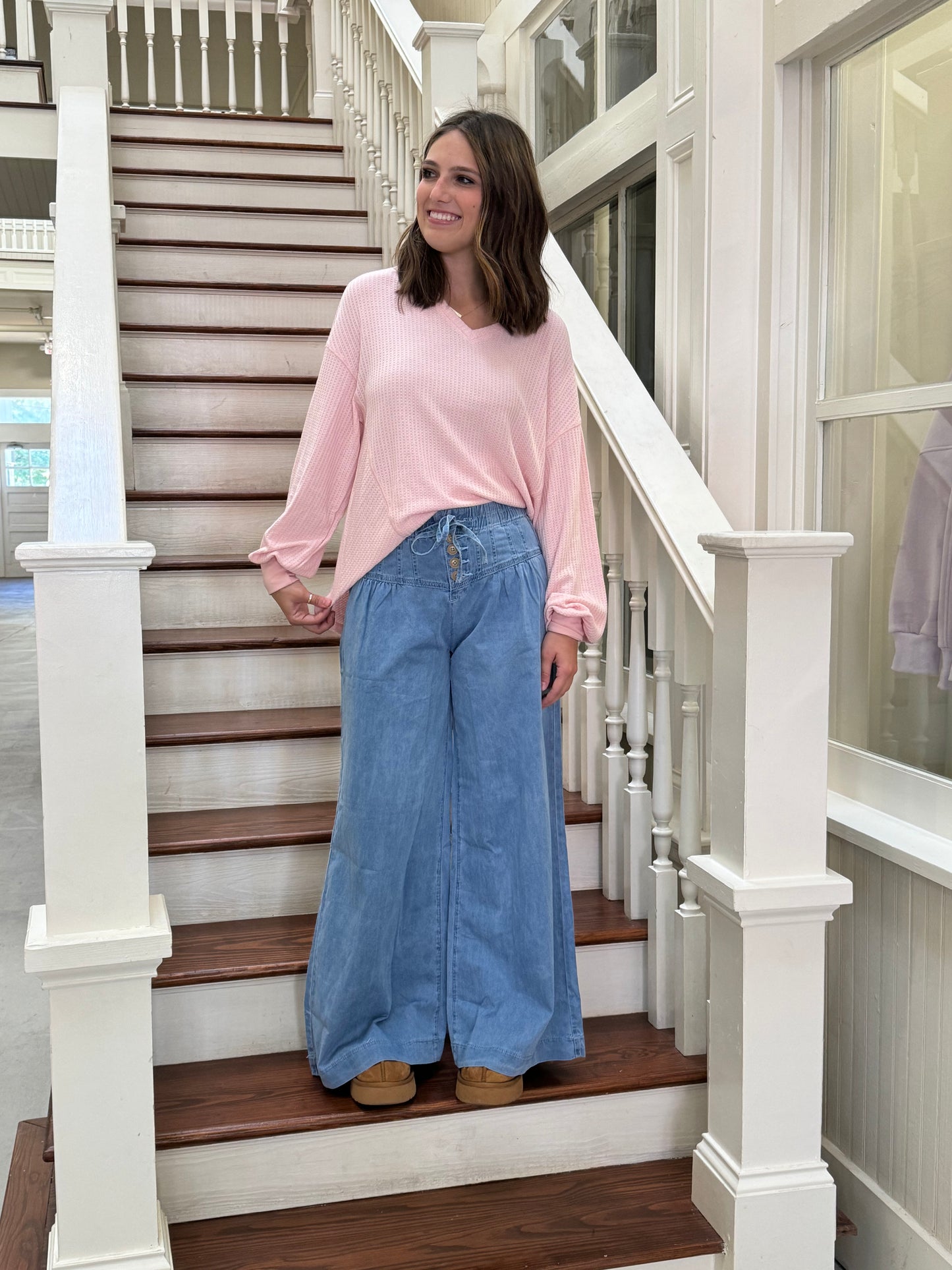 Beau Blue Mineral Wash Button Wide Leg Jeans