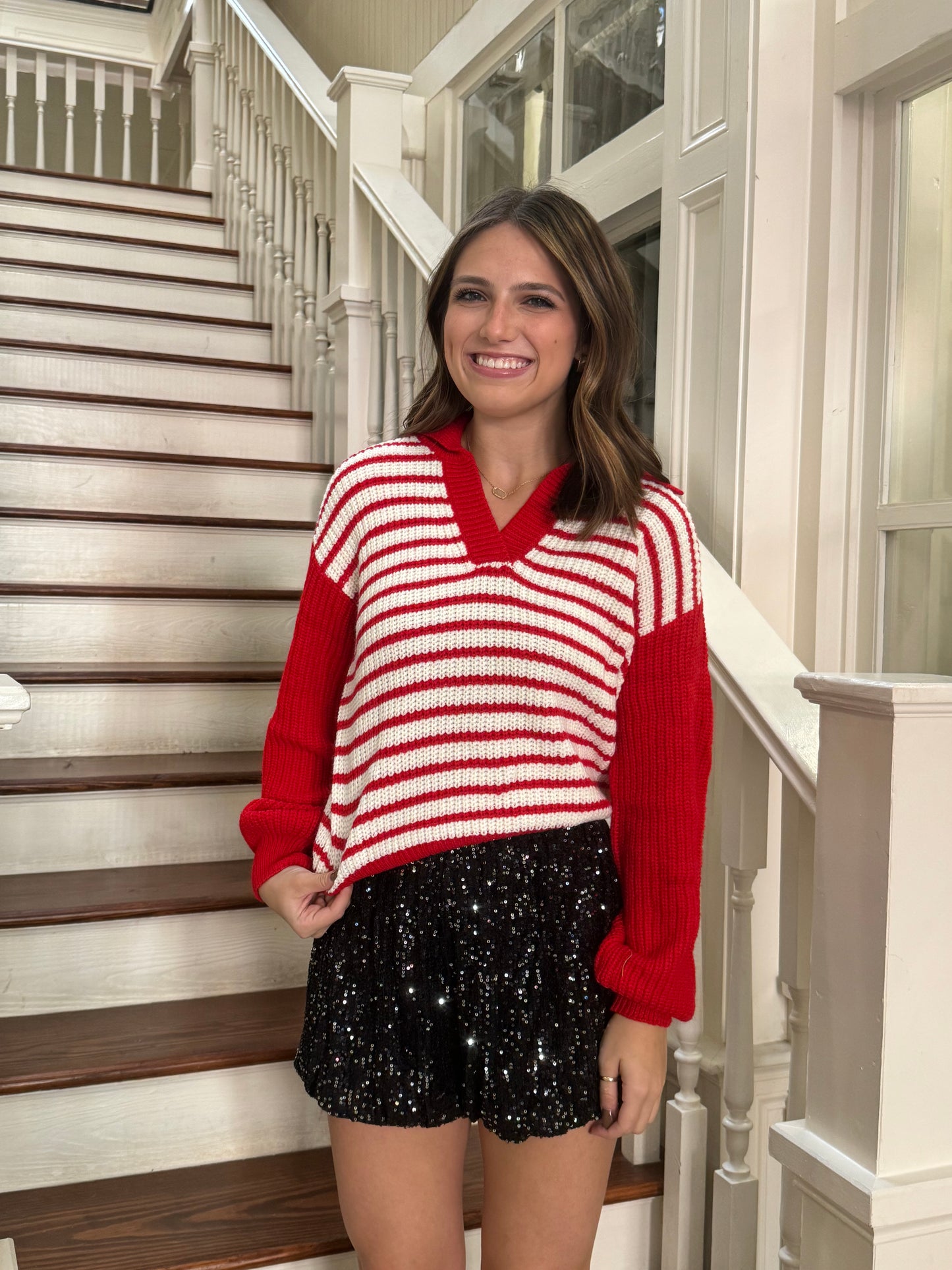 Red Candy cane stripped sweater with collar