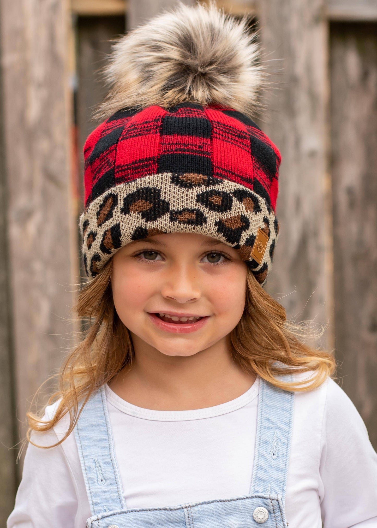 KIDS Red Buffalo Plaid Pom Hat w/ Leopard Trim Sweet Magnolia Boutique