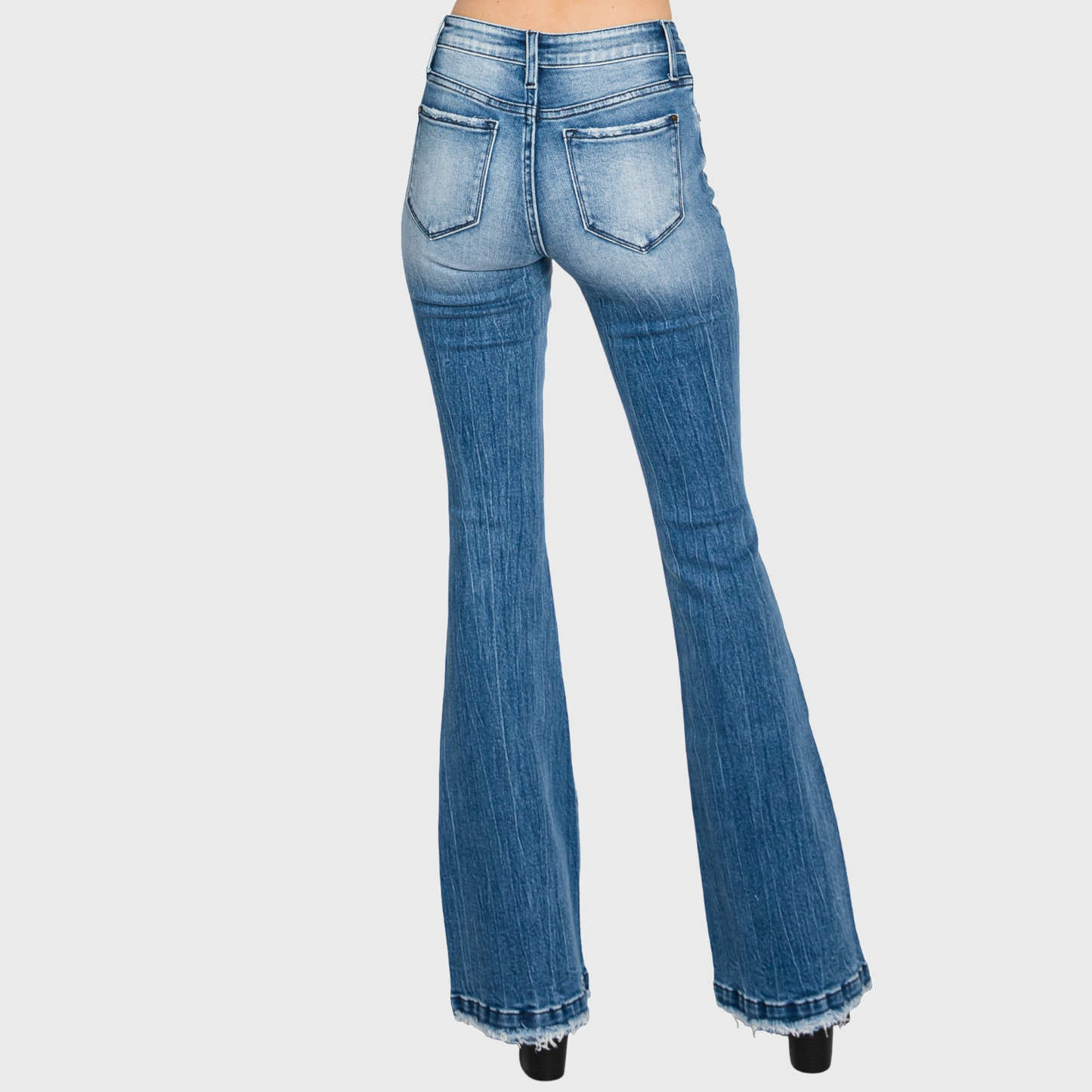 DISTRESSED MID RISE STRETCH FLARE JEAN <PETITE SIZE>