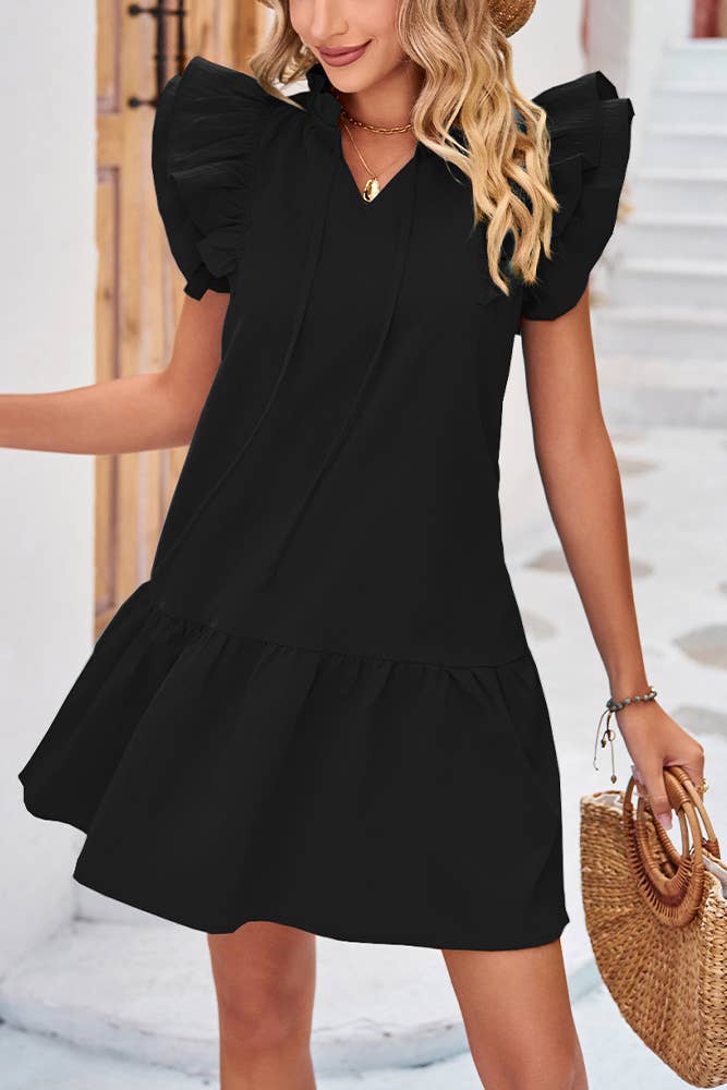 Frilled Split Collar Tiered Sleeves Babydoll Dress