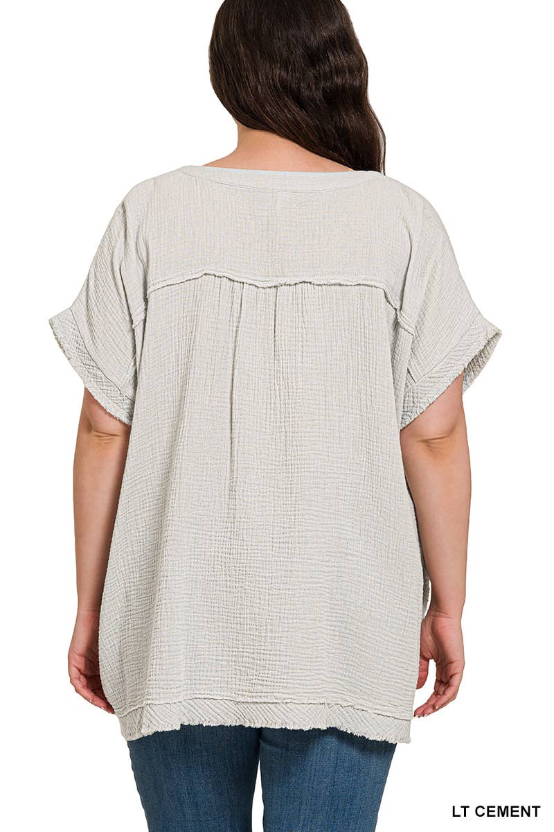 Plus Gauze Raw Edge Short Sleeve V-neck Shirt