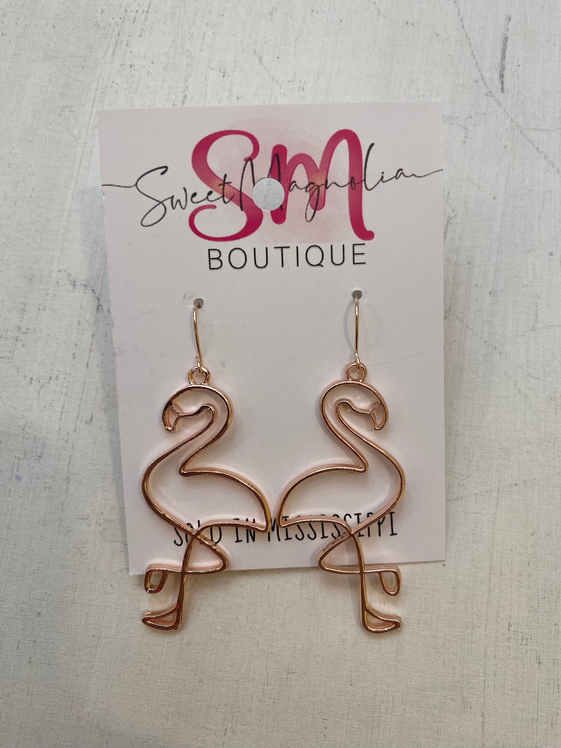 Rose gold flamingo earrings Sweet Magnolia Boutique