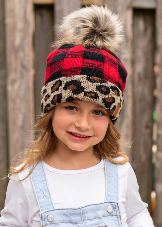 KIDS Red Buffalo Plaid Pom Hat w/ Leopard Trim Sweet Magnolia Boutique